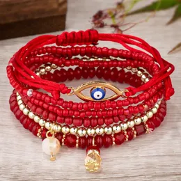 S3816 Bohemian Fashion Multi Layer Strands Evil Eye Beaded Armband Pärlor Handgjorda väv elastiska armband