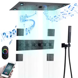 Sistemas de ducha de música negro mate, grifo termostático para baño, grifos mezcladores de cabezal de ducha LED de lluvia para techo montado en la pared