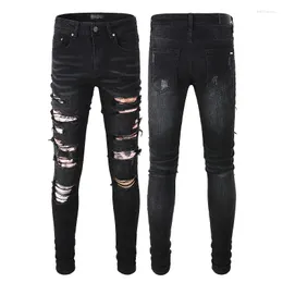 Men's Jeans Mens Y2k Distressed Faded Black Streetwear Fashion Slim Fit Denim Pants Damaged Bandana Rib Patch Ripped Skinny Jogging