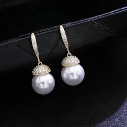 Lyxig sötvattenboll Pearl Drop örhängen för kvinnor Luxury Real White Gold Zircon Stud Ball Pearl Earring Fine Jewelry Gift Bride Wedding Jewelry