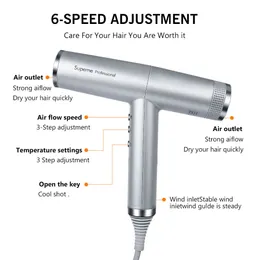 Hair Dryers Frequency Conversion Professional Salon Ionic Dryer Light Weight Strong Wind 6 Speed Negative Ion Bolwdryer with 3 Nozzle 230922