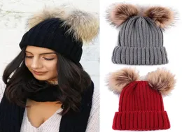 Winter Beanie Hat for Women Knitted Double Pom Pom Faux Fur Raccoon Ball Cap Bobble Skull Hats6906700