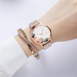 Wristwatches Rhine-diamond Metal Chain Women's Quartz Watch Fashion High-grade Temperament Printed Pattern Between Gold Steel Belt Women'