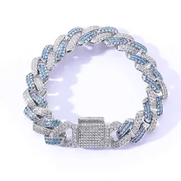 14 мм полоса с бриллиантами, плотная КУБИНСКАЯ ЦЕПЬ, сине-белый циркон, мужская кубинская цепочка, браслет в стиле хип-хоп