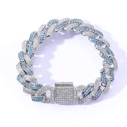 Pulseira de hip hop com tira de diamante densa de 14 mm, corrente cubana azul e branca de zircônia masculina