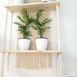 Wandtapijten 2 lagen muur geweven houten bord tapijt plant macrame hanger mount decor binnenkamer hangende plantenbak vintage kunstplanten