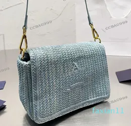 Women Designer Straw Camera Flap Bag Embroidery Letters Adjustable Leather Strap Enameled Triangle Metal Crossbody Shoulder Handbag Purse Sac 21x14cm