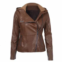 Womens Leather Faux autumn winter European and American fashion hooded longsleeved pure color womens leather short slim Brown jacket female 230923