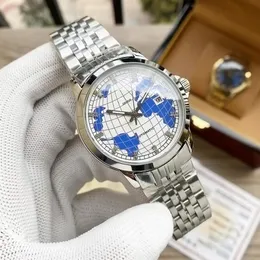 Luxury Automatiska mekaniska mensklockor Globe Dial Datum Fullt rostfritt stål Vattentäta Sapphire Men Designer Watch221i