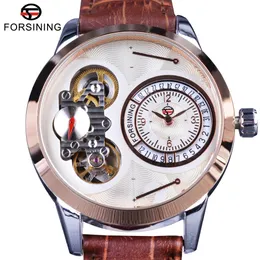 Forsining Fashion Second Dial Tourbillion Cassa dorata rosa Orologi da uomo in vera pelle marrone Orologio automatico di lusso delle migliori marche242m