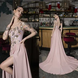 Pink Evening Dress Sheer v Neck 3D Flowers Long Solial Holiday Celebrity Wear Prom Party Party Made Plus Size