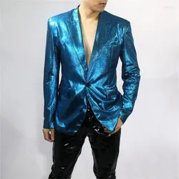 Męskie garnitury Spring Blazers Kurtki Summer Thin Błyszczące ubrania Klub nocny Blingbling Stage Costume Vestito Matrimonio Uomo Blue