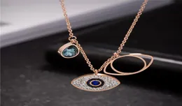 Blue Evil Eye Pendant Necklaces Iced Out Rose Gold Turkey Women Titaniun Steel Jewelry Girls Fashion Rhinestone Link Chain Choker 4346725