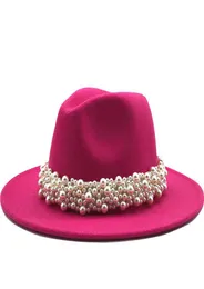 Women Wool Fedora Hat With pearl Ribbon Gentleman Elegant Lady Winter Autumn Wide Brim Church Panama Sombrero Girl Jazz Cap6900666
