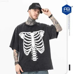 Erkek Tişörtleri FG Wear | 2023 İlkbahar/Yaz Yeni Moda Markası Yıkama Eski Yarım Kafatası Baskı Men02jzi3iz için Gevşek Yuvarlak Boyun Kısa Kollu Tişört