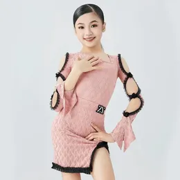 Stage Wear Latin Dance Clothes Hollow Out Sleeve Performance Suit Pink Black ChaCha Dancing Costume Tango Rumba Dress VDB7328