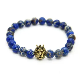 1 pz nuovo design 8mm blu mare sedimenti perline di pietra con colore della miscela testa di leone eroe bracciali gioielli da uomo bel regalo2430