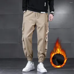 Pantaloni da uomo Vita elastica Vita media Tasche multiple Polsini termoretraibili Cargo addensato Uomo Autunno Inverno Pantaloni sportivi foderati in pile con coulisse