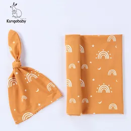 담요 Swaddling Kangobaby 1pcs Swaddle 랩 1 모자 머리띠 100% 면적 태어난 Rayon Solid Print Rainbow Baby 수신 담요 230923