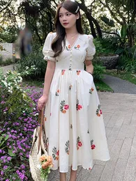 Basic Casual Dresses 2024 New Fashion Apricot Embroidery Dress Women Summer Lace Patchwork Design Mid Length Big Swing Flower Dress Vestidos