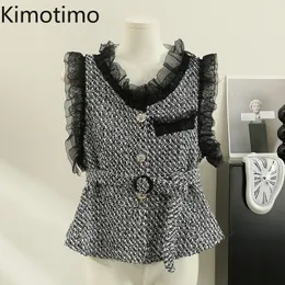 女性のベストKimotimo French Retro Lace Spliced Tweed Vest Women Ruffled Belt Waist waist short leveless y2k Tops autumn Winter Slim Fashion Coat 230923