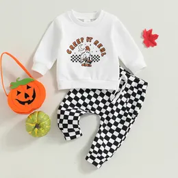 Clothing Sets 0628 Lioraitiin 024M Baby Boy Girl 2Pcs Fall Outfit Set Letters Ghost Print Sweatshirt with Plaid Sweatpants Halloween 230923