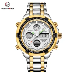 GOLDENHOUR Orologio da uomo al quarzo in oro di lusso in acciaio inossidabile Sport Business Orologi maschili Moda LED Allarme Orologi da uomo Relogio Masculin209t