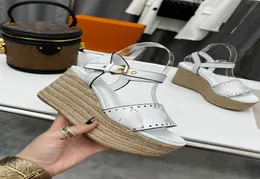 2022 Starboard Wedge Sandal Women Designer Sandals High heel Espadrilles Natural Perforated Calf Leather Lady Slides Outdoor Shoes6844396