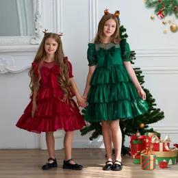 Meninas arcos vermelhos em camadas vestidos de bolo falbala vestido de baile crianças manga bufante vestido de princesa crianças festa de natal roupas de desempenho z4366