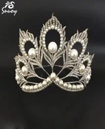 Miss Universe Crowns Peacock Feathers Pearls Full Round Tiara Beauty Queen Crown 대회 여성 보석류 헤어 액세서리 C12344265