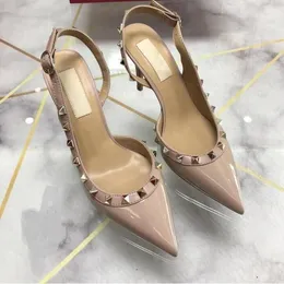 Women High Heels Sandals Wedding Shoes Patent Leather Rivets Sandals Women Studded Strappy Dress Shoes V High Heel Shoes Logo Box2021826