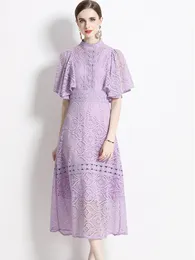 Podstawowe sukienki swobodne 2024 Nowy przybycie Summer Purple Koronkowy pusta sukienka Kobiety Latające krótkie rękawy Szczupły talia A-line sukienki Vestidos