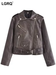 Women's Leather Faux Fur LGRQ 2023 Trendy Washed Wornout Original Asymmetric Zipper Decorate Jacket Motorcycles Stylish Coat 19F3823 230923