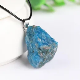 Pendant Necklaces Exquisite Irregular Raw Blue Apatite Natural Stone Necklace For Woman Accessories Black Leather Rope