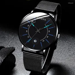 Wristwatches Geneva Black Fashion Watch Men Business Measuring Cool Calendar Steel Mesh Band Quartz Wristwatch Male Clock Relogio Masculino