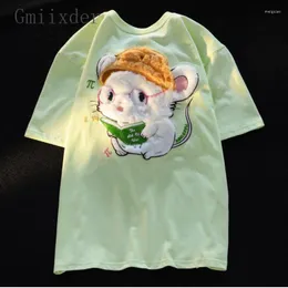 Women's T Shirts Cotton Cute Plush White Mouse Top Men Summer Loose Short Sleeved Tees Flocking Embroidery American Vintage T-shirt