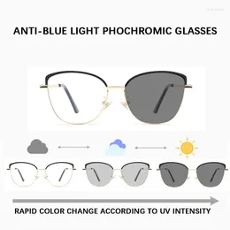 Sunglasses 2023 Color-Changing Anti-Blue Light Glasses Metal Pochromic Eyeglasses Plain Cat Eye Frame Fashion Luxury Eyewear
