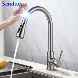 Badrumsvaskar kranar smarta beröring kök kran senducs borstade drag ned mixer kran automatisk sensor mässing vatten kranar
