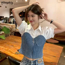 Women's Blouses Shirts Women Patchwork Tender Slim Tops Fashion Vintage Summer Sweet Casual All-match Y2k Girls Lapel Clothing French Style