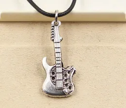 Tibetan Silver Color Pendant Guitar Necklace Choker Charm Black Leather Cord Factory Handmade Jewelry 8MZ53350796