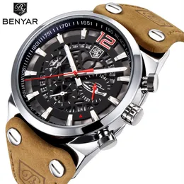 Benyar Chronograph Sport Mens Moda Markası Askeri Su Geçirmez Deri Kayış Kuvars Saat Saati Relogio Masculino256s