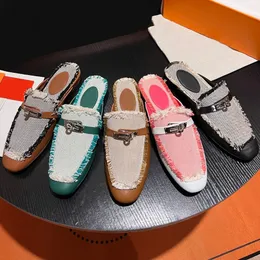 Designer womens Genuine leather loafers slipper Fur Muller slippers Denim Fabric with buckle Fashion women mens Princetown dress Ladies Casual Mules Flats New 34-42