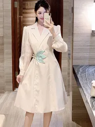 Basic Casual Dresses 2024 A Line High End Light Luxury Long Dress Women's Temperament Celebrity French Style Slim Waist Beaded Blazer Dresses