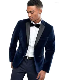 Men's Suits 2Pcs Dark Blue Velveteen Man Blazer Trouser Slim Fit Men Coat Costume Wedding Groom Tuxedos Prom Male Jacket Black Pants