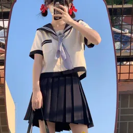 Work Dresses Japanese School Girls JK Uniform Skirts Suit Preppy Style Women Bow Sailor Blouses Pleated Short Skirt Class Navy Costumes