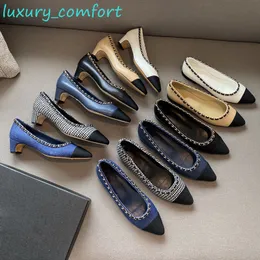 Women pointed toe ballet flats Dress Shoes Lambskin 100% real leather Dermal sole Grosgrain Denim with box Dust bag luxury designer shoes Top Quilty summer Size 35-41