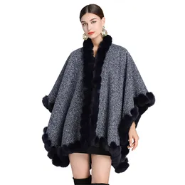 Women's Cape Women Rex Rabbit Faux Fur Shawl Lady Elegant Fleece Foder Woolen Coat Luxury Warm Overcoat Autumn Winter Solid Color Cloak Wrap 230923