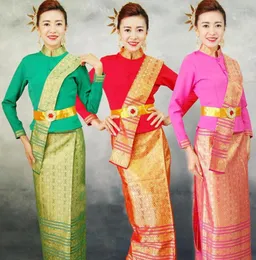 Etnisk klädprinsessan Dai Thailand Restaurang Bar Workwear Långärmare Jackda kjol Servitör mångfärgad med sjalbältestil