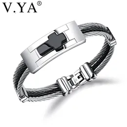 Charm Bracelets V YA 3 Rows Wire Chain Cuff Cross Stainless Steel Men Punk DIY Custom Engrave Man Jewelries Black Silver Color Ban154C