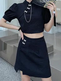 Vestidos de trabalho sonneesd streetwear harajuku gola puff manga curta t-shirts cintura alta a linha saia vintage estilo chinês de duas peças